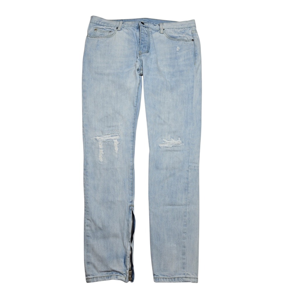 mnml Jeans Streetwear Mens 36 Light Blue Button Fly Distressed Ankle Zip Denim